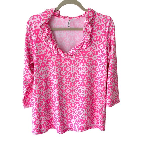 Lulu B Floral Top Womens S Pink White Ruffle Neck Stretch Preppy Classic - Picture 1 of 7